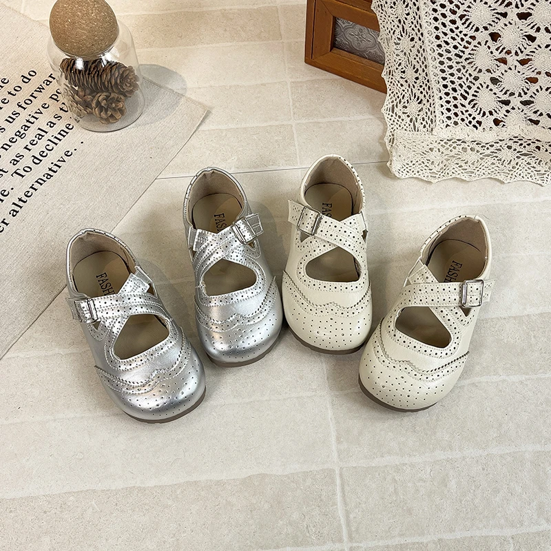 Summer Boys Girl's Mary Janes British Style Cross Strap Chic Kid's Flat Shoe Silver Beige Vintage Daily All-match Children Shoes