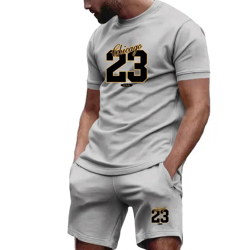 

Men's two-piece sportswear, short sleeved T-shirt and pants set, running and fitness sportswear, summer, 2024
