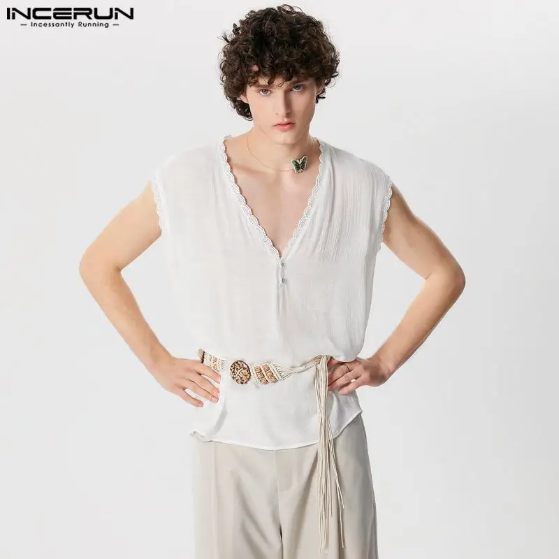 INCERUN Men Tank Tops Lace Patchwork V Neck Sleeveless Casual Male Vests Summer Loose Streetwear 2024 Fashion Men Clothing S-5XL