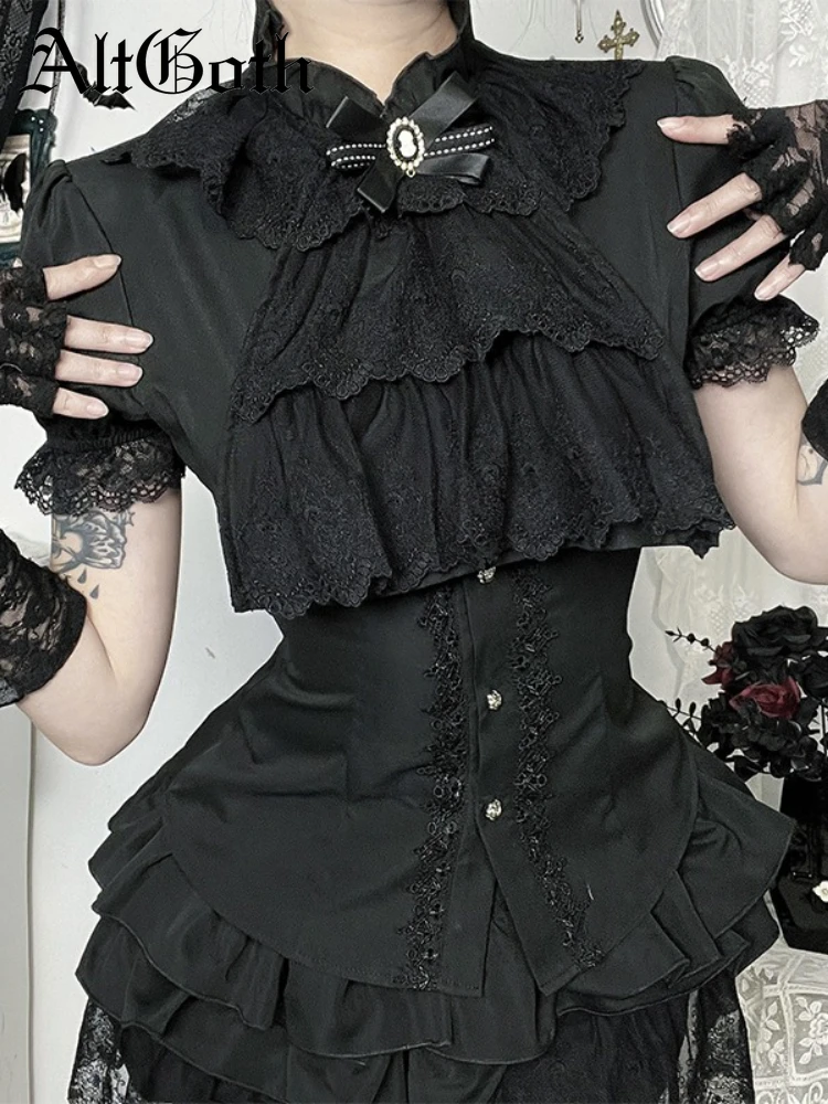

AltGoth Palace Style Vintage Goth Shirt Women Dark Sexy Sweet Aesthetic Lace Patchwork Puff Sleeve Blouse Versatile Rave Outfits