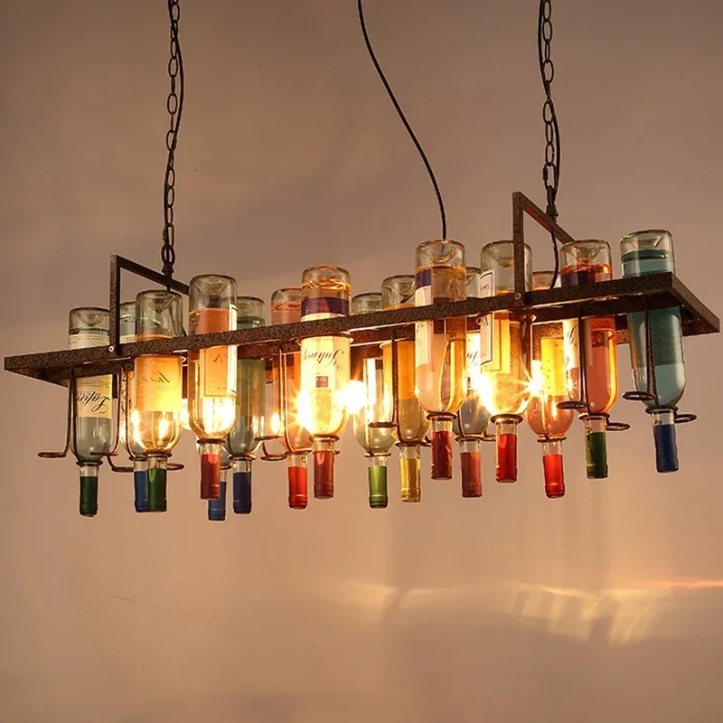 American Retro Industrial Rust Metal Colored Wine Bottle Glass Chandelier Coffee Shop Bar Restaurant LED Decorative Pendant Lamp