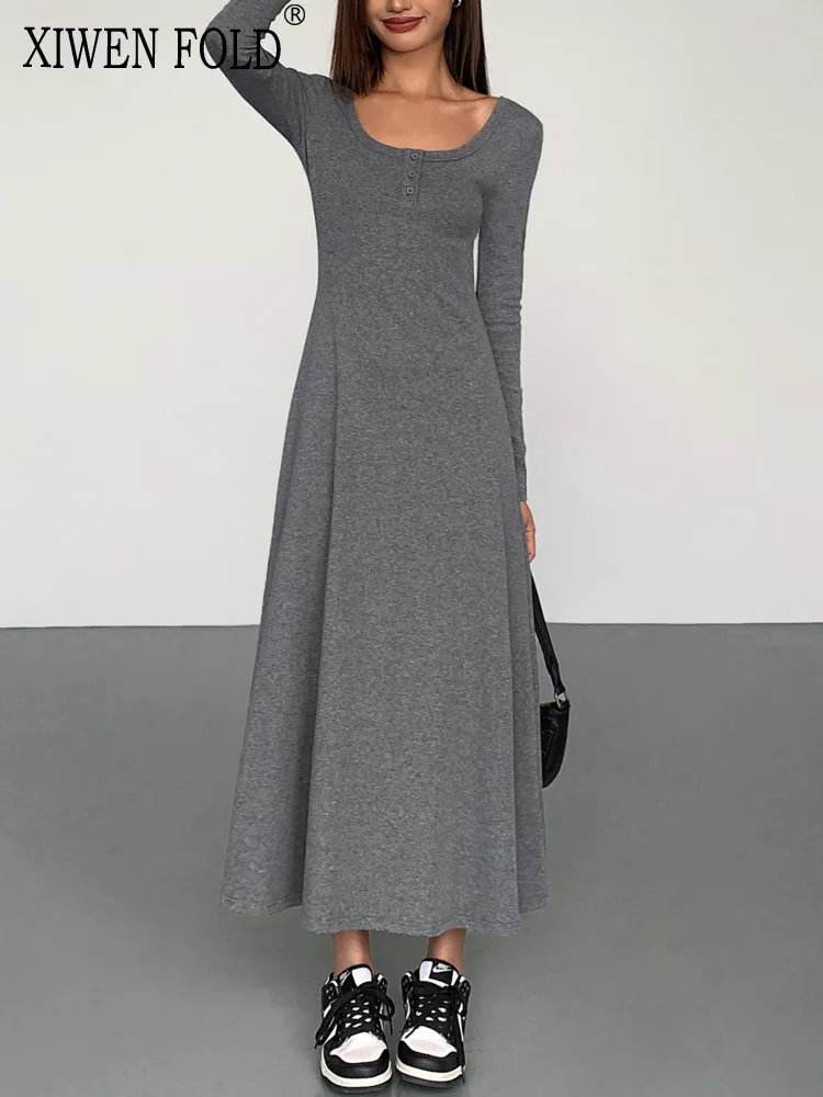 XIWEN Colletto Quadrato Pulsante Patchwork Hip Ordito Solido A Vita Alta Una Linea di Elegante Design Chic Vestito delle Donne 2024 Autunno Nuovo