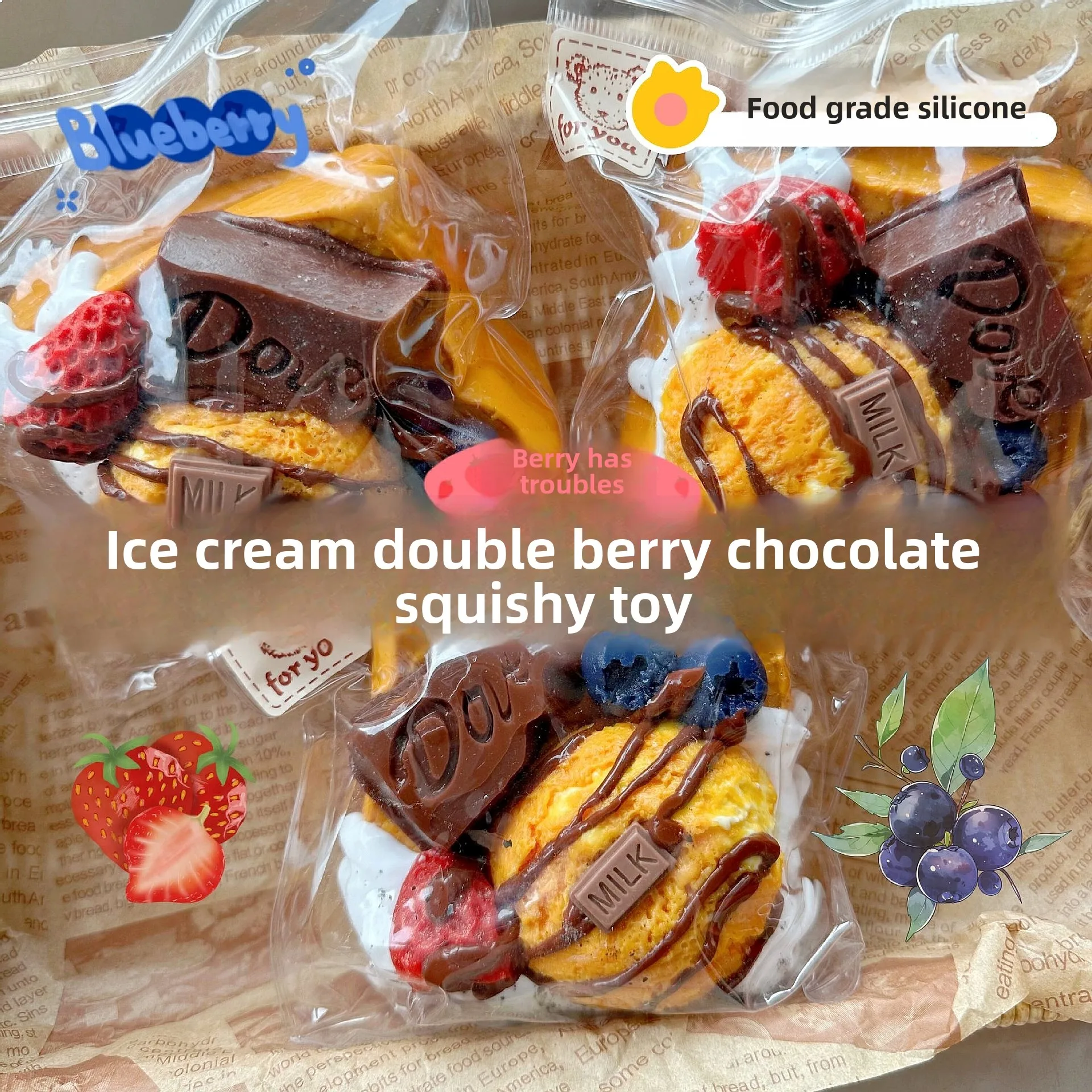 Ice Cream Berry Chocolate Toast Squishy Toy Food Grade Stress Relief Slow Rising Mud Feel