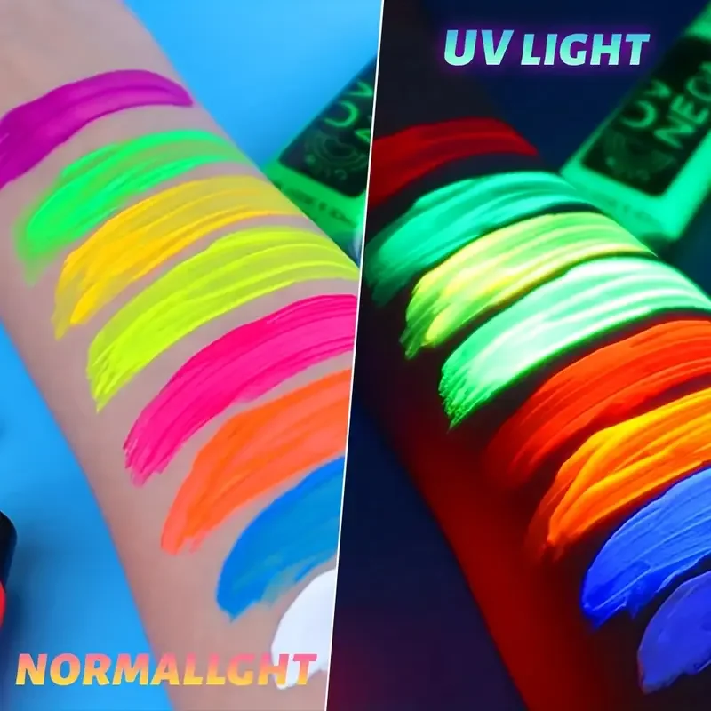 10ml 8色UVブラックライトフェイスペイント、タトゥーステッカー付き、蛍光ネオンボディペイント、洗えるクイック、マルディグラハロウィン