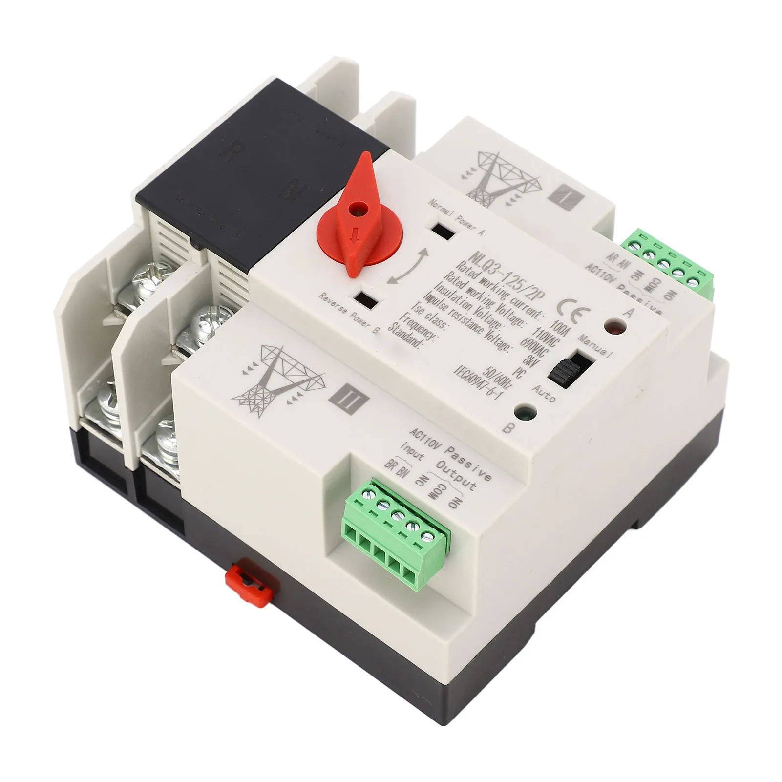 Power Automatic Transfer Switch 35mm Rail Mounting 2P ATS Generator Transfer Changeover Switch AC 110V 100A