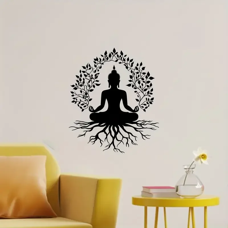 1pc Vintage Buddhist Meditation Tree of Life Wall Decal - Self-Adhesive Buddha Meditation Sticker, Removable & Repositionable Yo