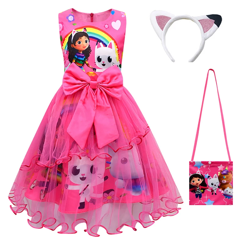 Gabby\'s Dollhouse Kids Summer Gabby Cats Dress Baby Girls Cute Lace Princess Dress Toddler Girls Birthday Party Dresses Headwear