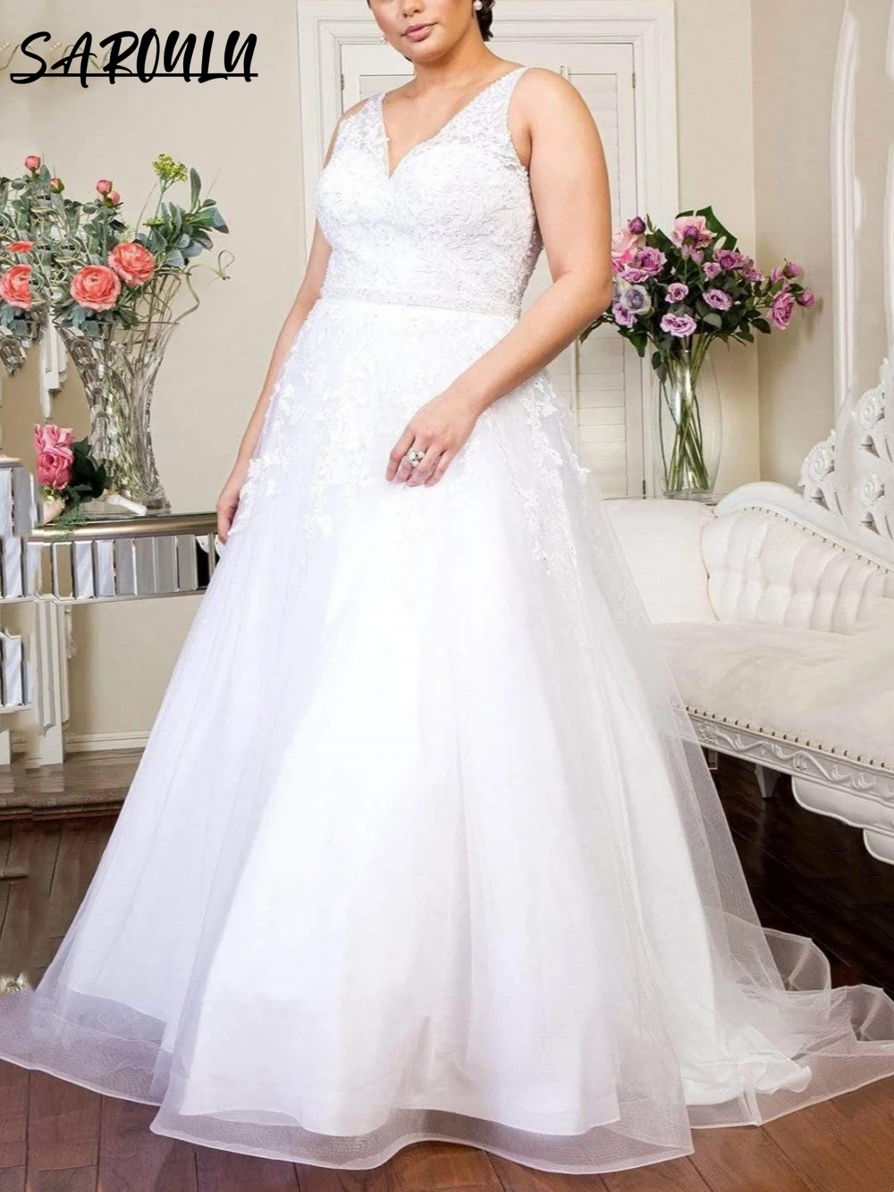 Vestidos De Casamento Clássicos Para Mulheres, Vestido De Noiva De Tule, Lantejoulas Bordadas, Decote Em V, Vestidos De Noiva