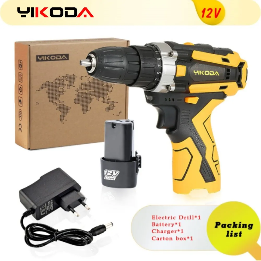 YIKODA 12V Electric Screwdriver Cordless Drill Two Speed Rechargeable Lithium Battery Mini Driver Household Power Tools