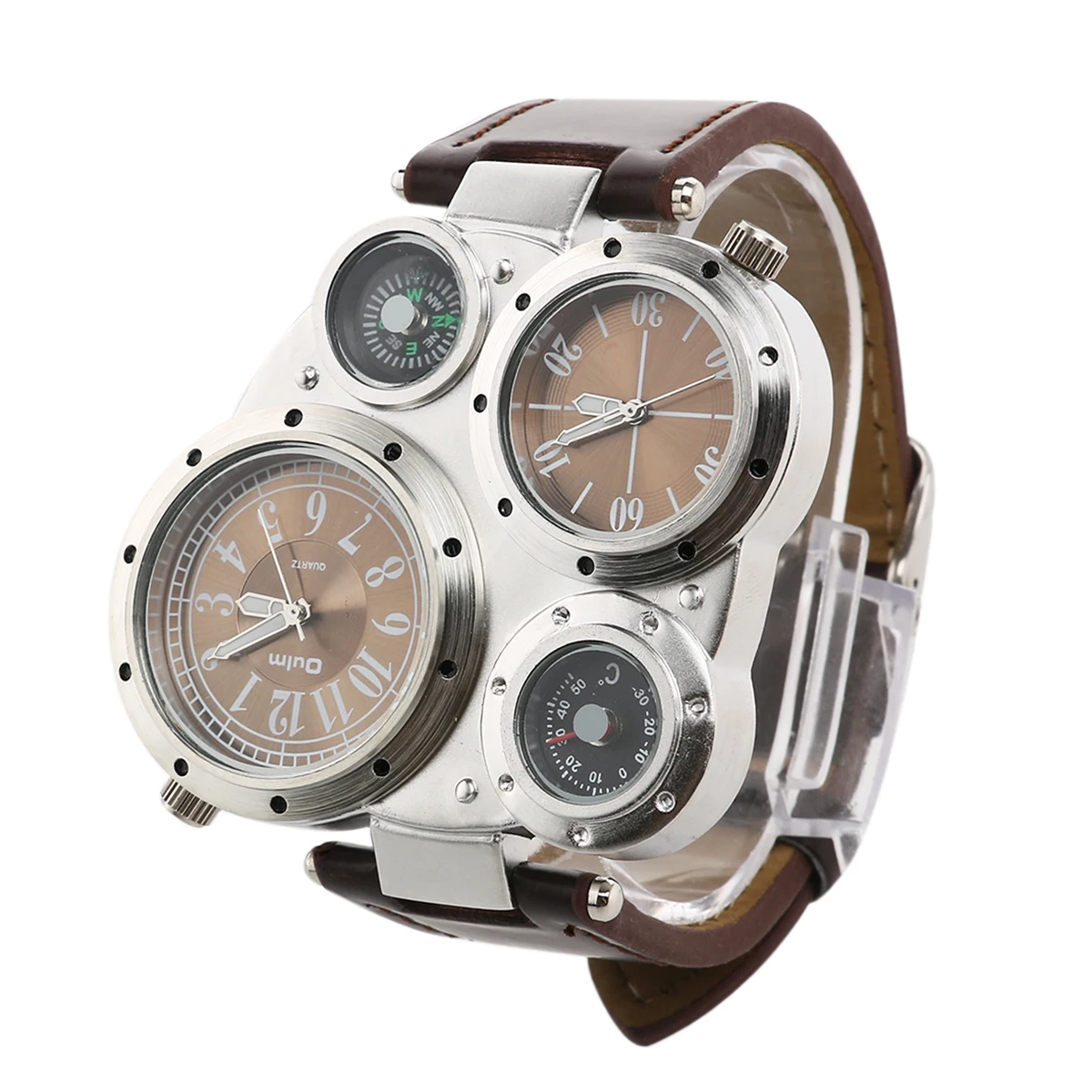 

9145 Men'S Outdoor Sports Watch Brown Dial Dual Wristwatch Pu Band Hard Alloy Stainless Steel Travel Business Gift