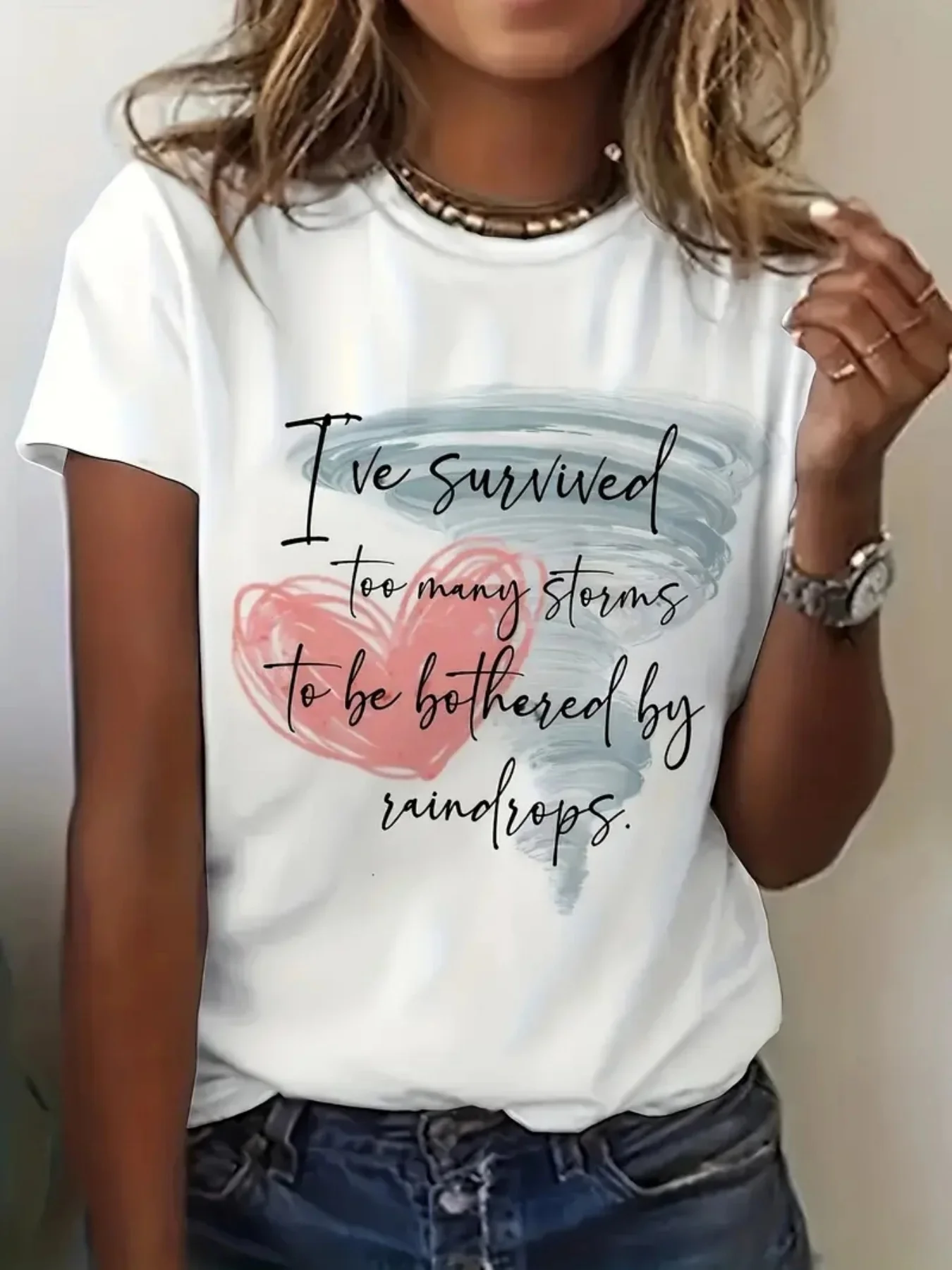 Wo Casual Storm-Patterned T-Shirt - Short-Sleeved Round-Neck Spring/Summer Fashion Top, Printed with the Inspirational Slogan 
