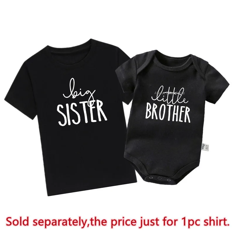 New Big Sis Lil Bro Sibling Shirts Cotton Family Matching Brother Sister Outfits Black Kids Tees Tops Baby Romper Birthday Gifts