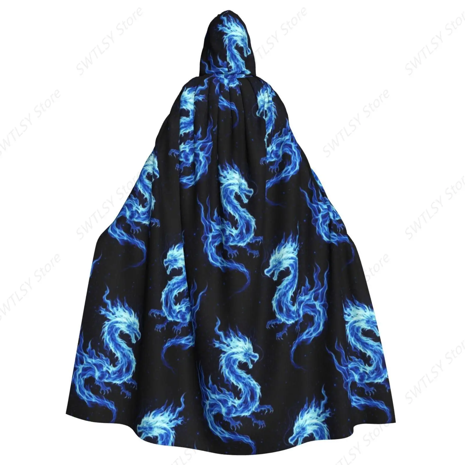 Women Men Blue Fire Dragon Hooded Cloak Cape for Halloween Christmas Cosplay Costumes Compatible