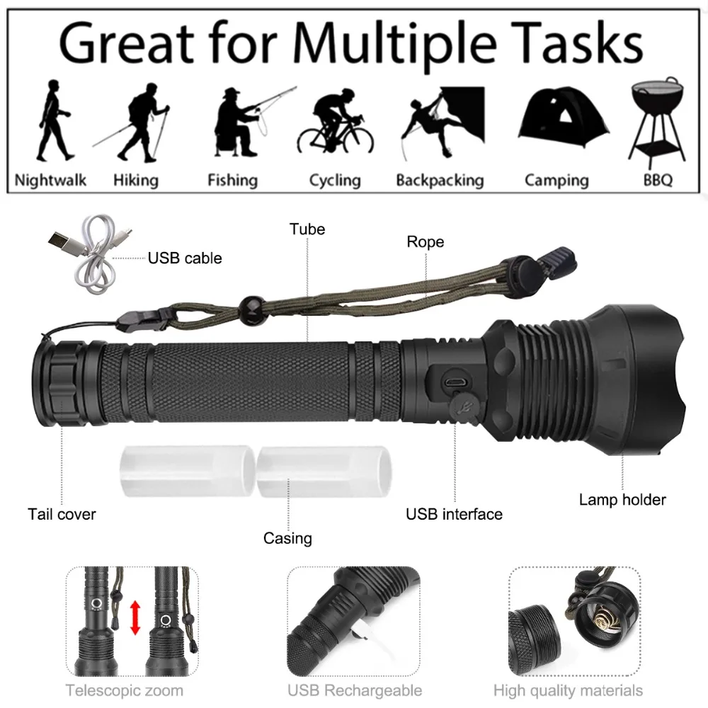 Ultra Bright XHP70.2/XHP50 LED Flashlight 18650/26650 Rechargeable Flashlights Waterproof Torch Tactical Flashlight Super Bright