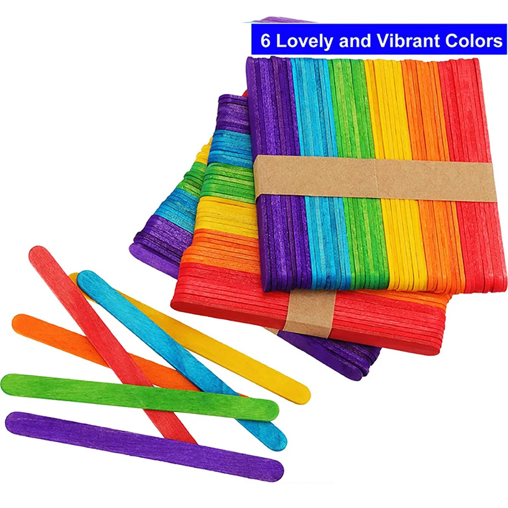 UPORS 50Pcs/Set Ice Cream Sticks Natural Wooden Ice Pop Popsicle Sticks Colorful Wood Craft Sticks for Children DIY Homemade