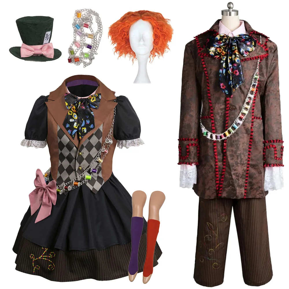 Fantasia vestido alice louco cosplay hatter para homens mulheres roupas peruca filme traje homem mulher roleplay fantasia outfits halloween