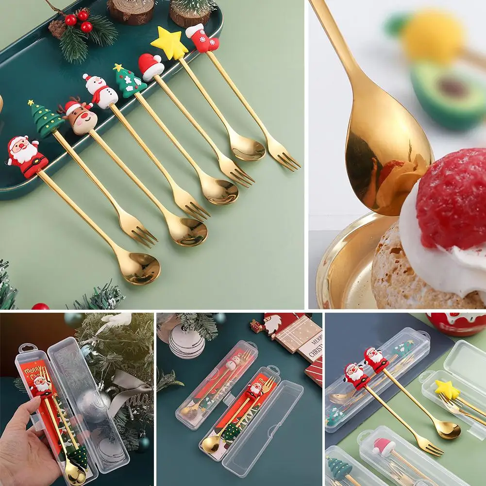 Cartoon Steel Spoon Cute Santa Claus Dessert Fork Tableware Q Fruit Spoon Storage Version Box Fork Q0u0 image 2