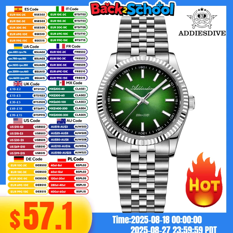 

ADDIESDIVE 36mm Men Watch Sapphire Crystal Jubilee Strap Relogio Masculino VH31 BGW9 Luminous 10Bar Waterproof Quartz Watch