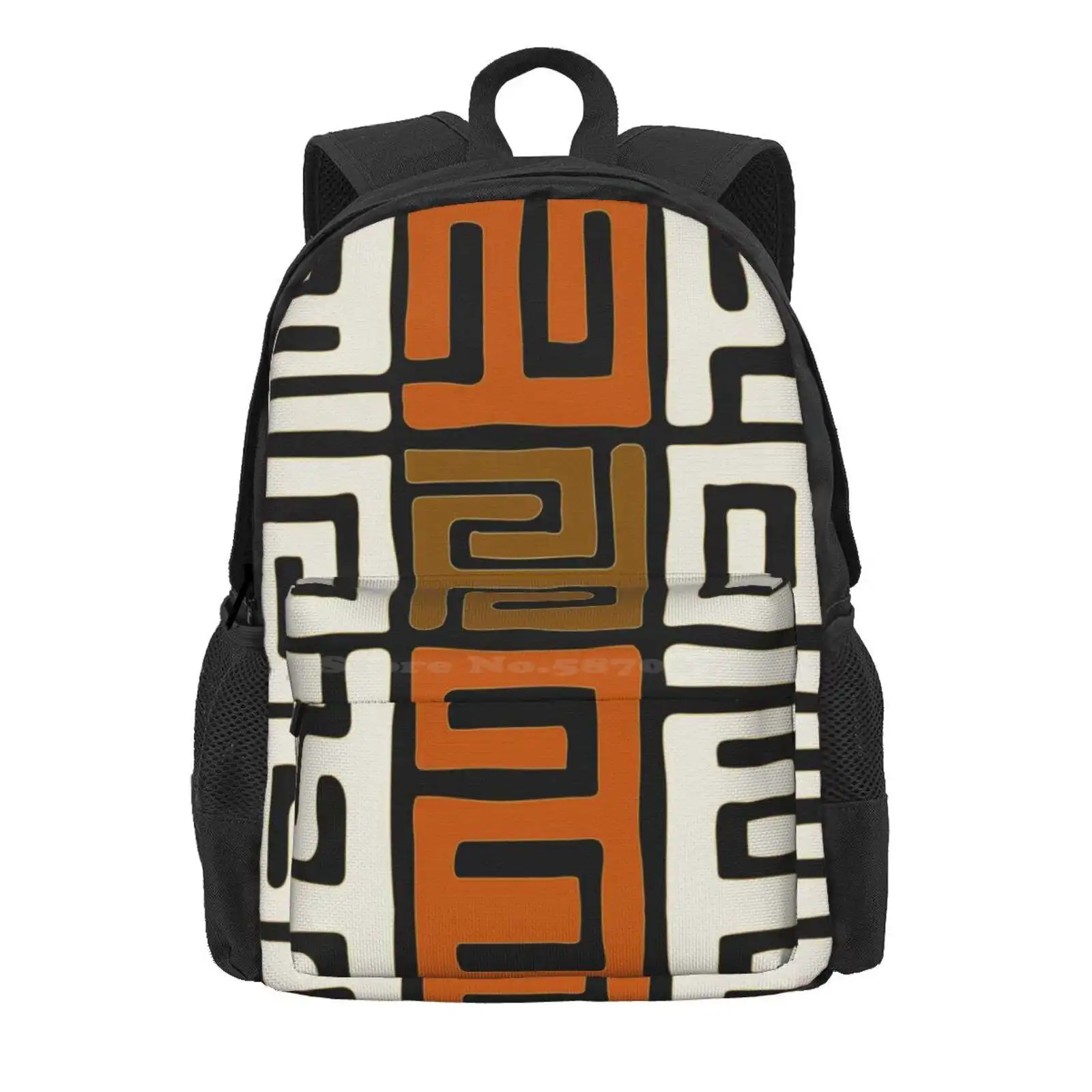 African Kuba Fabric Inspired | Cream And Auburn Pattern Hot Sale Schoolbag Backpack Fashion Bags African Kuba Colorful Muted