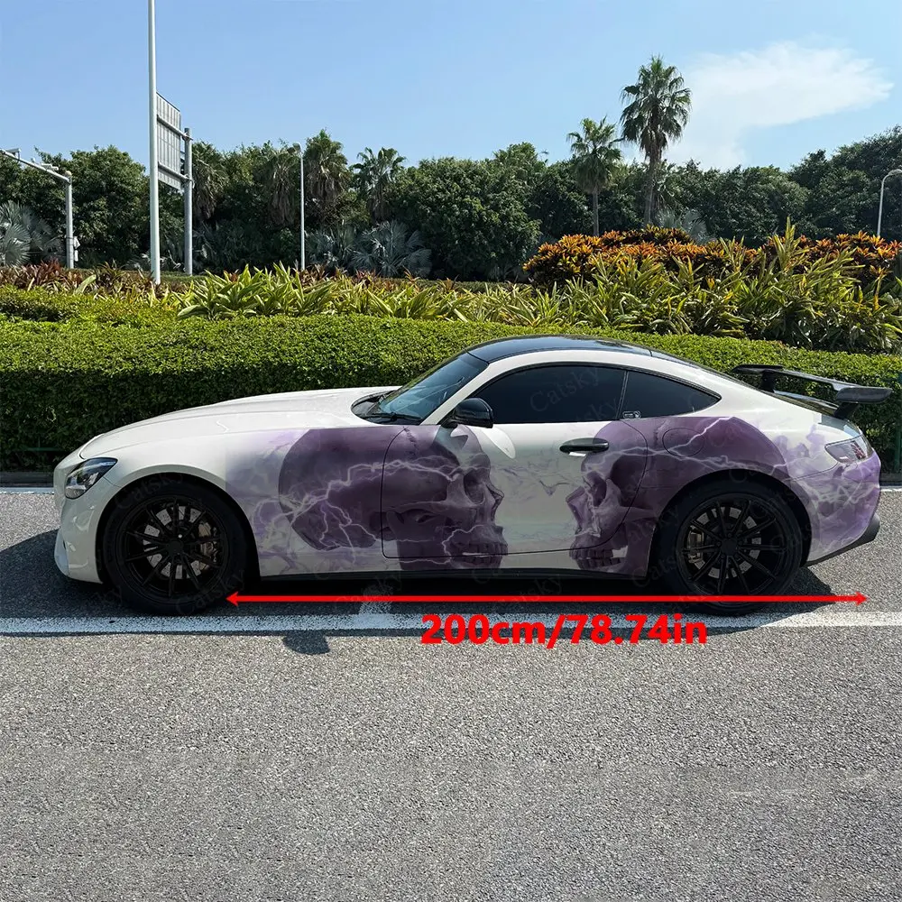 2pcs Skull Bright Purple Lightning Car Side Wraps, Self-Adhesive PVC Waterproof & Scratch-Resistant Stickers, Car Accessory Gift