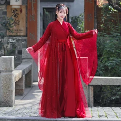 Hanfu-Disfraz antiguo Original para mujer, lentejuelas Rojas elegantes, tela brillante de 2 capas, Hada de estilo chino, baile de graduación