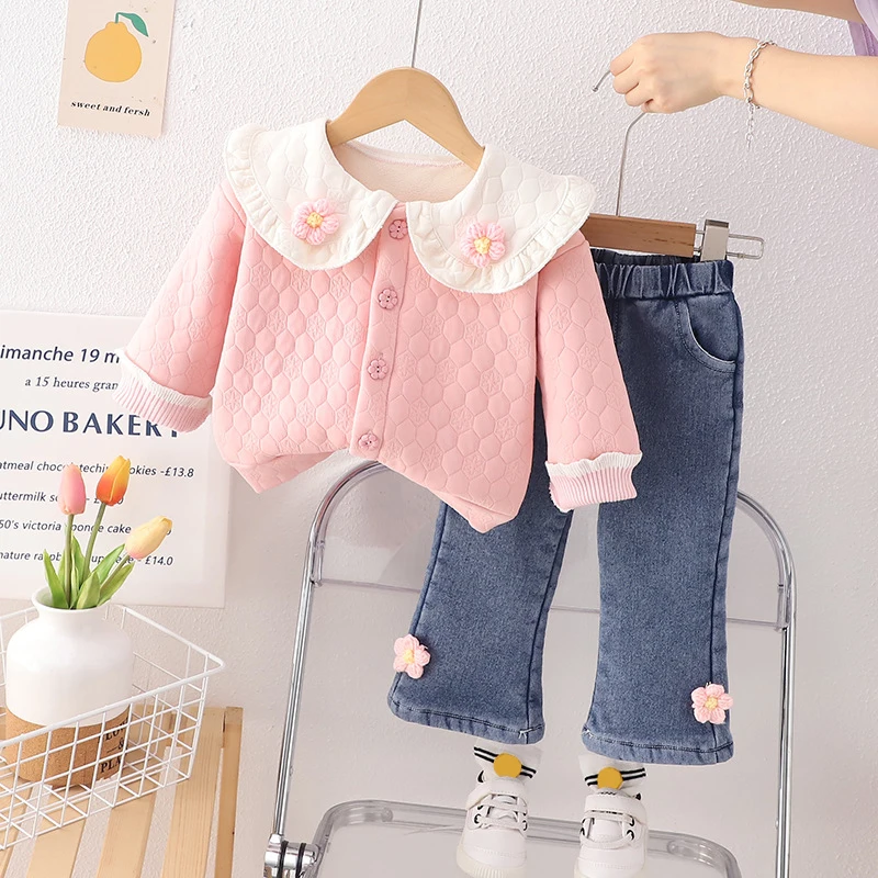 

Winter Children Clothing Sets Baby Girls Thickened Plush Floral Coats Pants 2 Pcs Kids Tracksuit Infant Casual Clothes Outfits