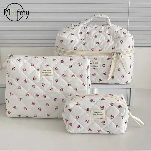 Bolsa de maquillaje de cereza, bolsas de cosméticos para mujer, bolsa de almacenamiento de viaje para cosméticos bonita portátil a la moda, bolso de mano acolchado de algodón con cremallera