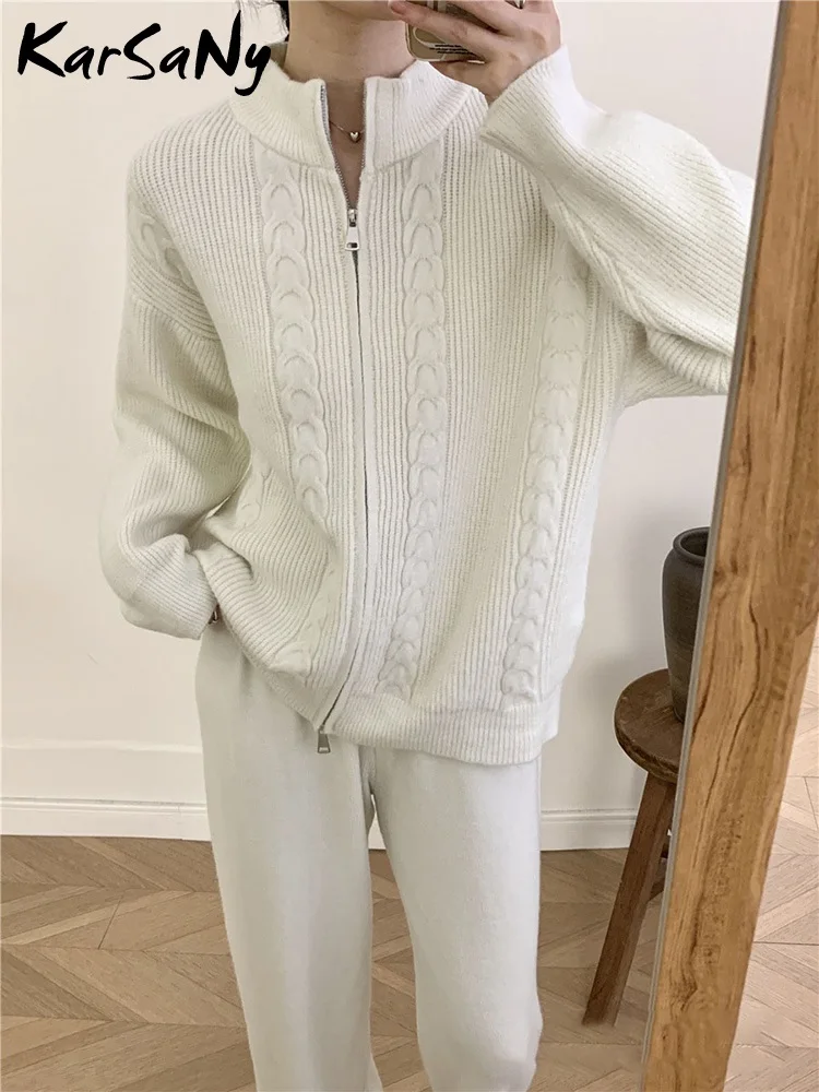 Knitted Two Piece Set Short Coat Zipper Cardigan Straight Pants Autumn Solid Female Stand Collar Jacket Top Causal Office Lady