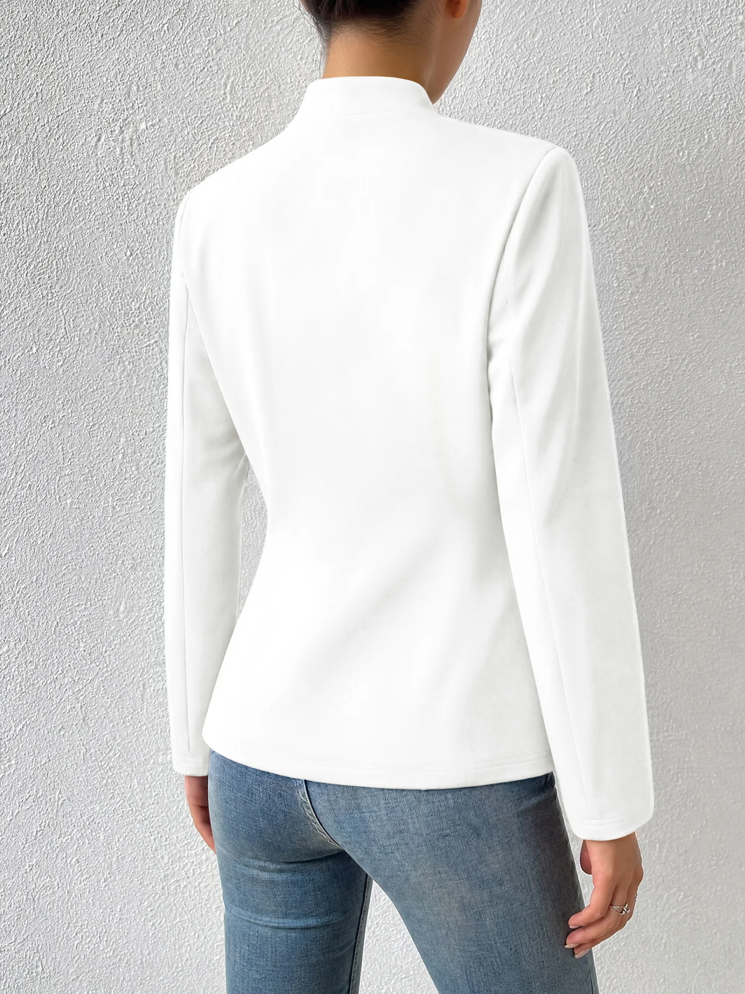Women Slim Mandarin Collar Open Suit Jacket Solid Long Sleeve Minimalist Office Daily Blazer