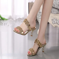 Rhinestone Flower Stiletto Heel Shoes Women's Summer New Thick Heel Shiny Beach Slippers Diamond Fashion Sandals