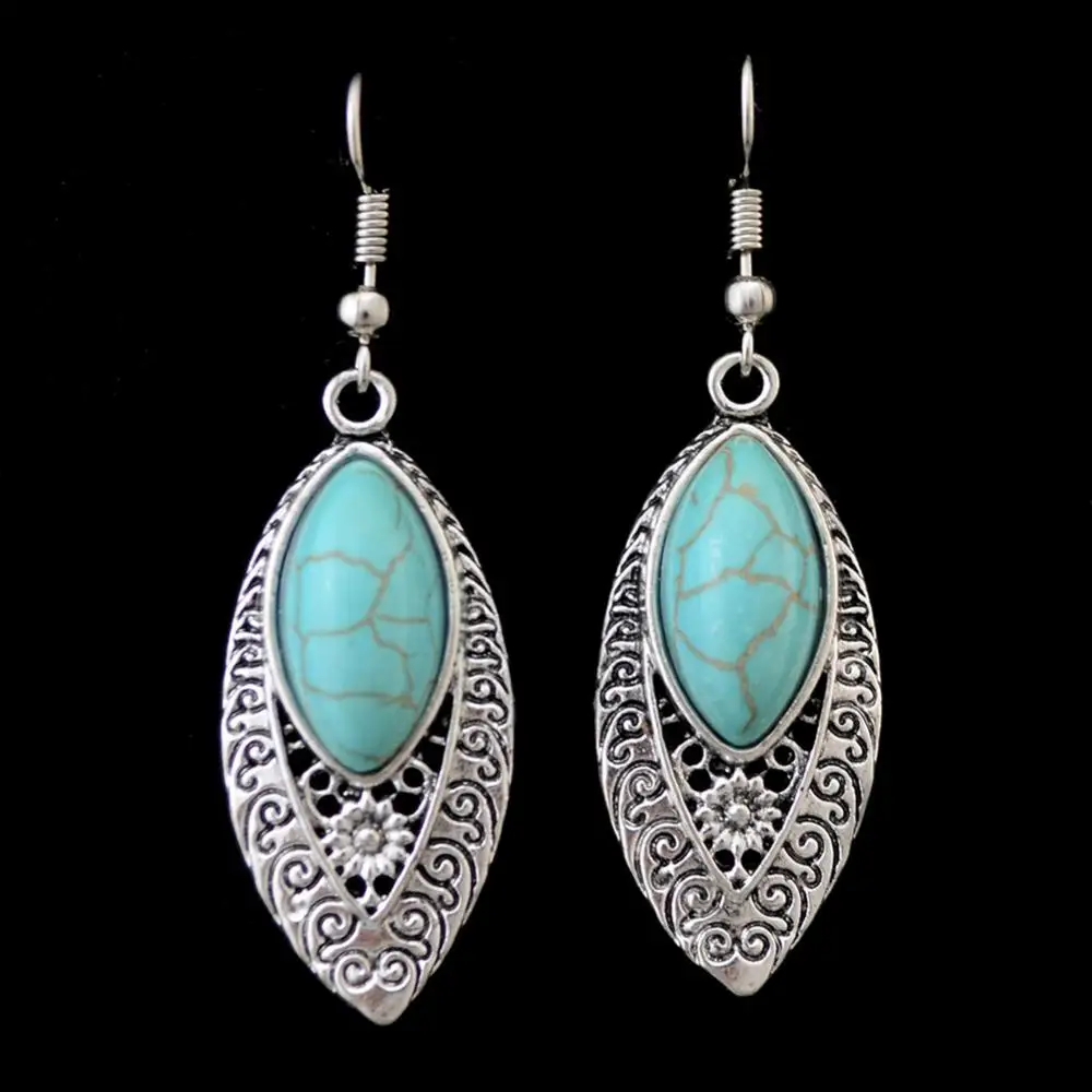 Hoop earrings Bohemian Earrings For Women Inlaid Artificial Turquoise Openwork Carved Drop Dangle Women's earrings Boho