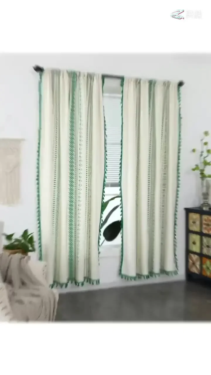 Cotton Linen Boho Green Stripe Window Curtain with Tassels Blackout Valance for The Luxury Living Room Curtains for Living Room