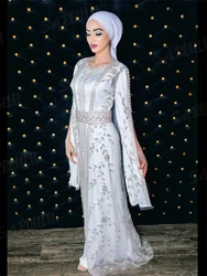 White Muslim Long Prom Dresses With Leaf Appliqued Arabic Wedding Dress Elegant O Neck Customized Evening Gown For Women