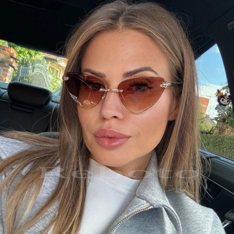 Mode Dreieck Cat Eye Sonnenbrille Frauen Luxusmarke Metall randlose Frauen Sonnenbrille schwarz elegant cool Mädchen Brillen trendy