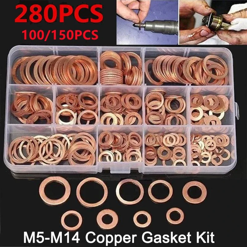 100/150/280Pcs Copper Washer Gasket Nut And Bolt Set Flat Ring Seal Assortment Kit With Box M5/M6/M8/M10/M12/M14 For Sump Plugs