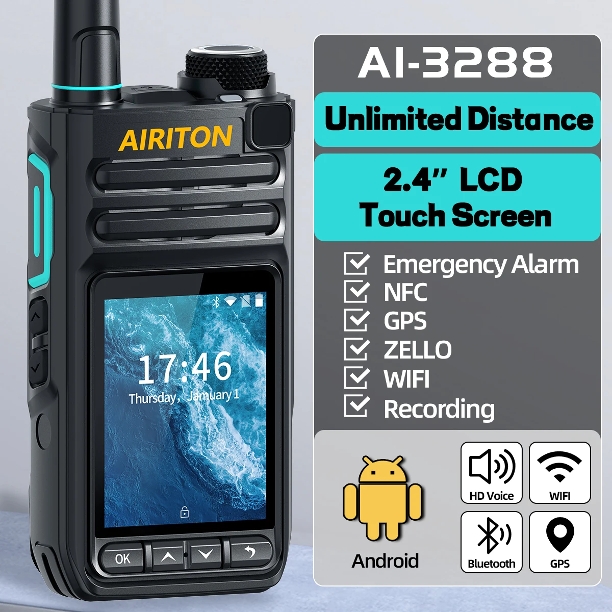 AIRITON AI-3288 ZELLO Walkie Talkie 2,4-Zoll-Touchscreen GPS WIFI 2G 3G 4G Bluetooth Unbegrenzte