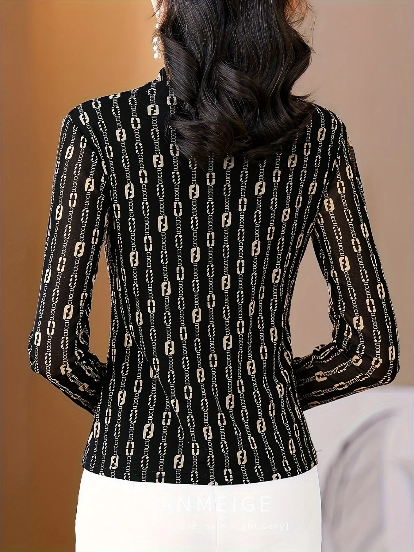 Women's Chic Black Mesh Top with Gold Chain Pattern - Mock Neck, Long Sleeve, Stylish & Slim-Fitting Blouse for Fashion-Forward
