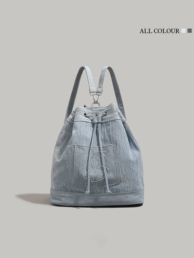 

Simplified Denim Drawstring Bucket Bag 2024 New Female Bags College Student Class Backpack Large Capacity Commuting Backpack