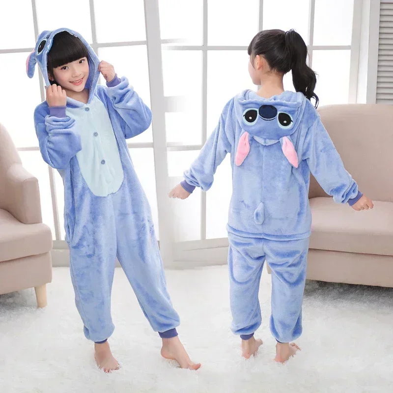 ชุดนอน Disney Lilo & Stitch สำหรับเด็ก, ชุดนอนตัวการ์ตูนผ้ากำมะหยี่ kigurumi เสื้อผ้าที่ให้ความอบอุ่นในฤดูหนาวสำหรับเด็กหญิงเด็กชายของขวัญคริสต์มาส