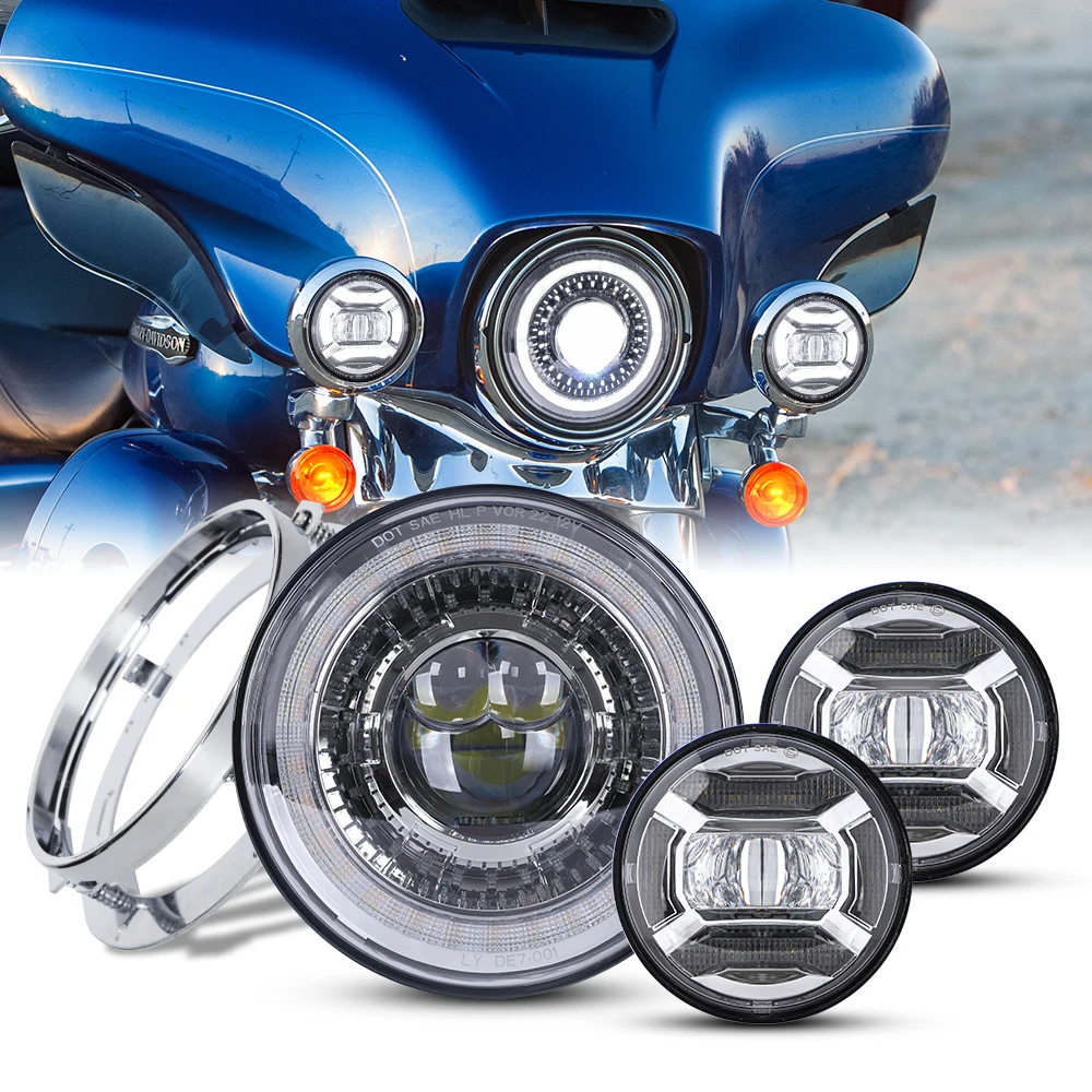 7 Inch LED Headlight Fog Passing Lights Chrome Kit Ring Motorcycle for Touring Road King Ultra Classic Electra Street Glide