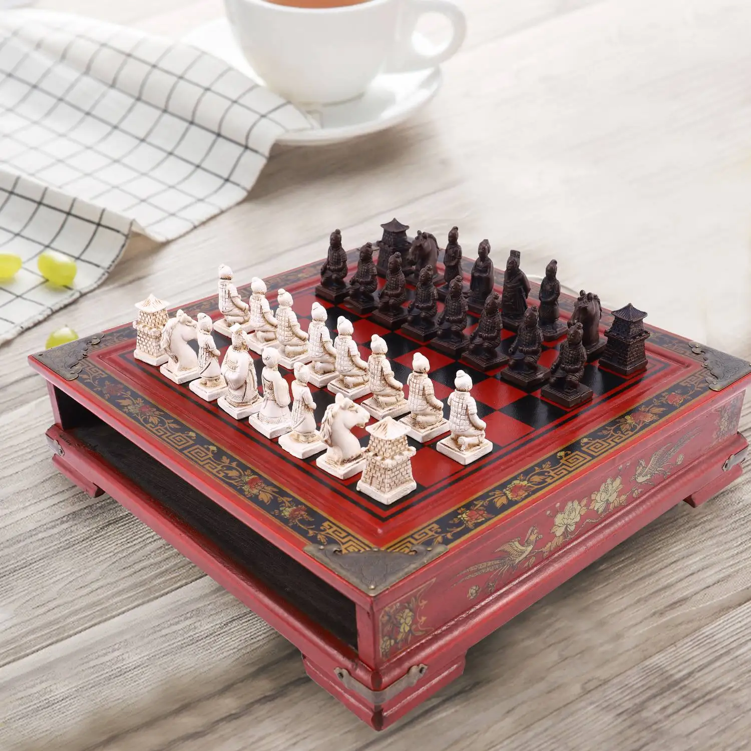 Wood Chess Chinese Retro Terracotta Warriors Chess Wood Do Old Carving Resin Chessman Christmas Birthday Premium Gift