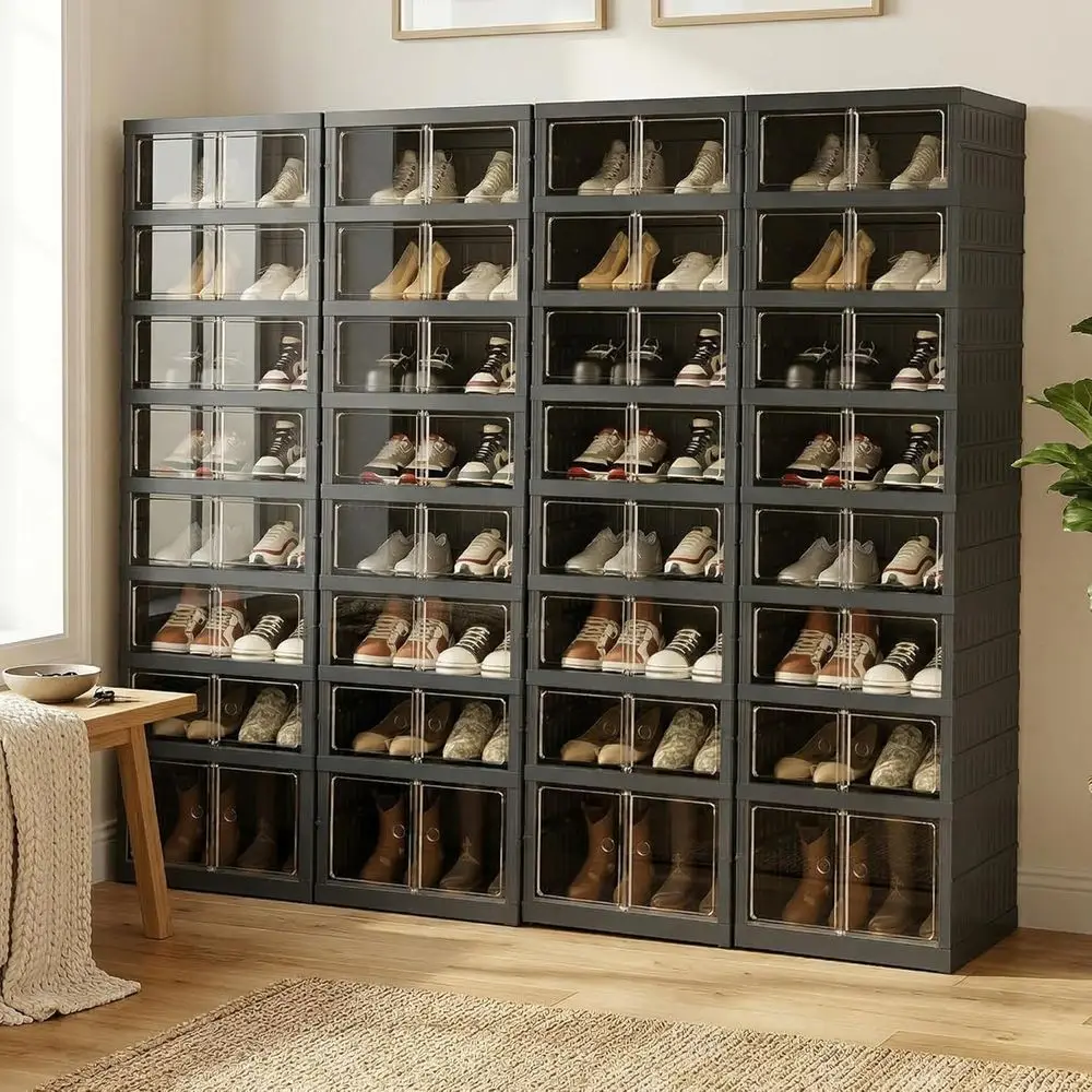 

Portable 4-Piece Extra Large Shoe Organizer Storage Set with Magnetic Door and Wheels, 9 Layers 18 Grids, 2 Large Grids
