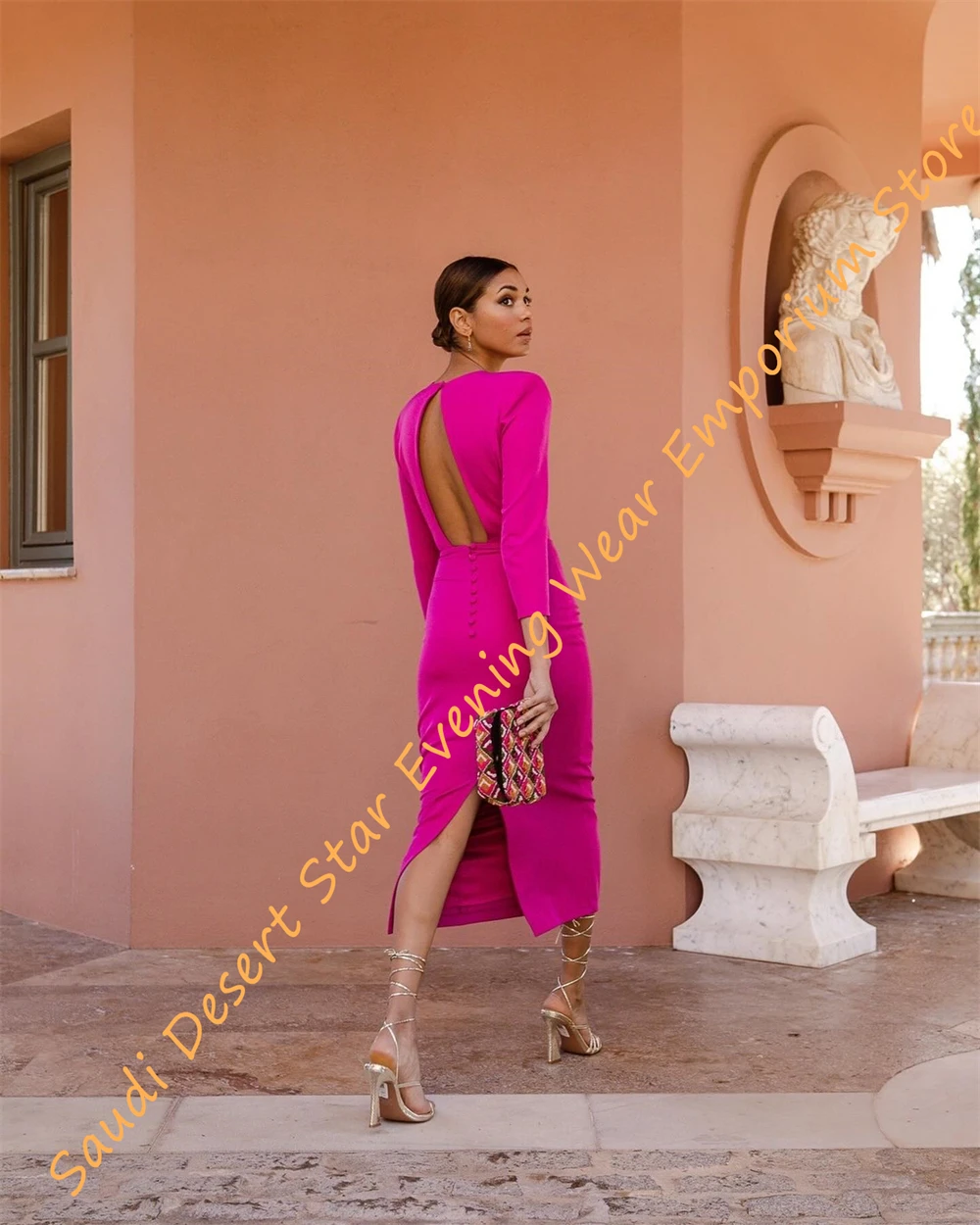 Customized  Customized Graceful O-Neck Half Sleeves Evening Dress Sexy Buttons Back Straight Back Slit Party Dress Sexy Backless