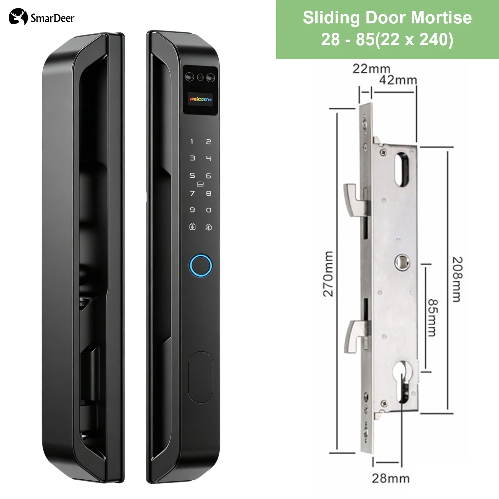 SmarDeer Smart Deurslot met smal frame IP65 Waterdicht elektronisch slot Face ID-slot voor schuifdeur Keyless vingerafdrukslot