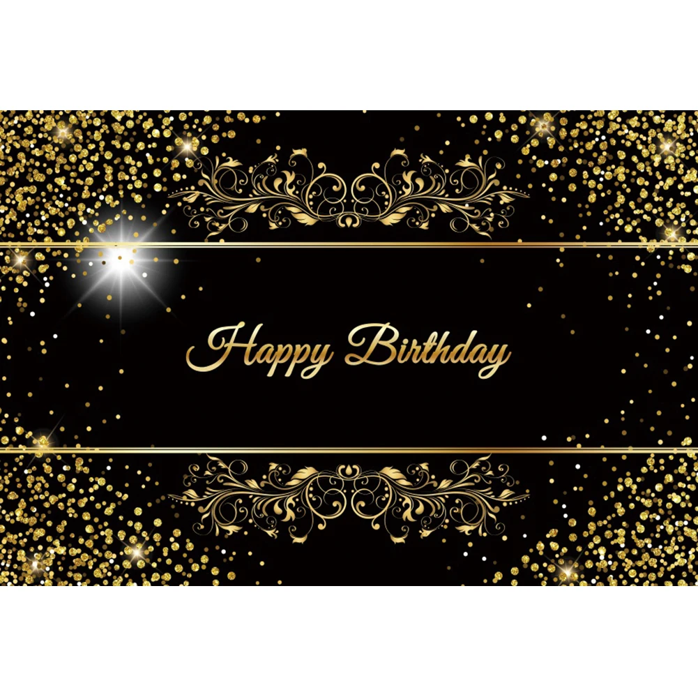 Laeacco Zwart En Goud Gelukkige Verjaardag Photocall Achtergrond Glanzende Sterren Stippen Kids Volwassenen Portret Aangepaste Fotografie Achtergrond