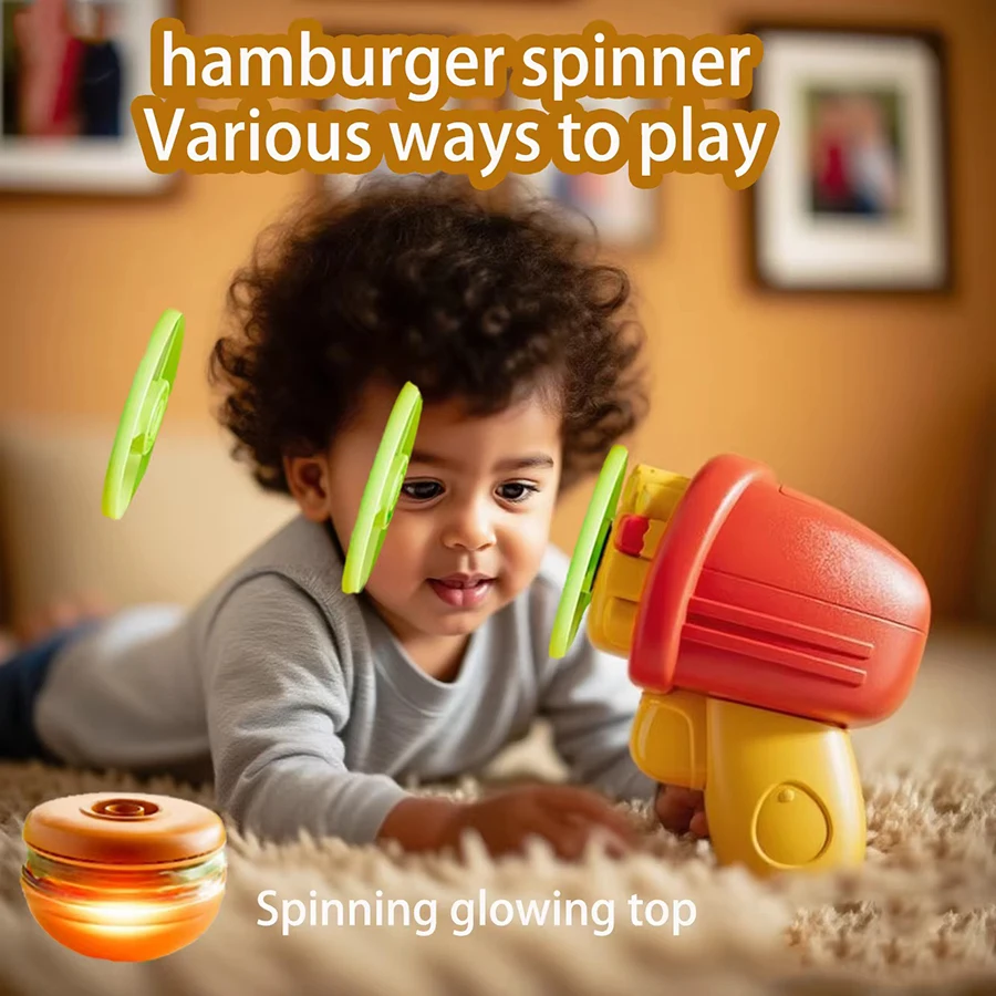 Summer Flying Disc Saucer Gyro Launcher with Lights Cartoon Burger Rotating Gyro Kid Flying Toy Throw Catch Outdoor Sport Kid Gi