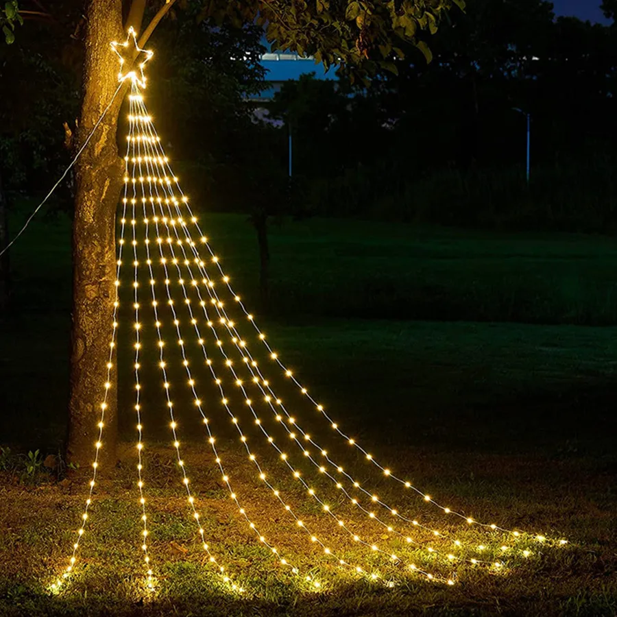 Creatieve Led Vijfpuntige Ster Waterval Kerst Lichtslinger Buiten Waterdichte Tuindecoratie Slinger Voor Feestvakantie