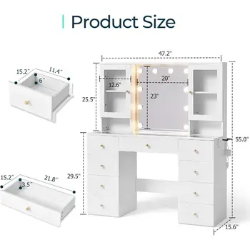 白色梳妝台,附鏡子和燈,2個玻璃櫃,高度可調式層架和9個抽屜,化妝台 10 最佳銷售 九抽屜櫃 - №10