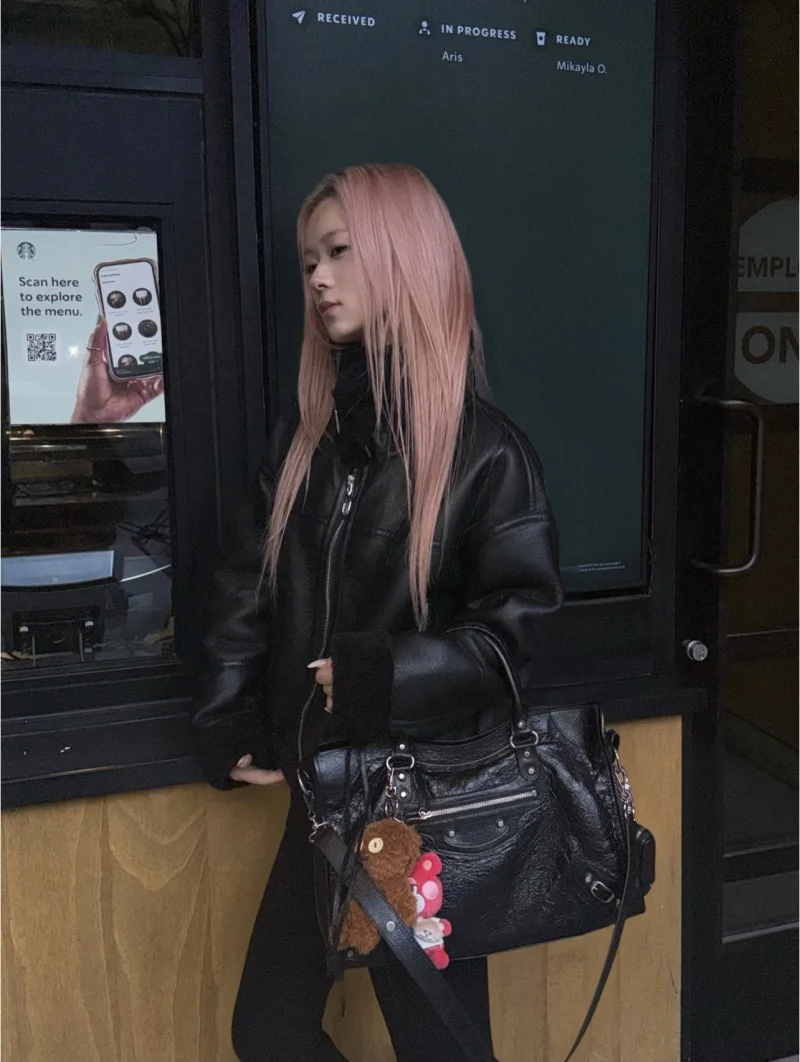 ETJ 2025 مجموعة الشتاء النسائية الجديدة y2k سترة دافئة رائعة غير رسمية الصوف عالية الرقبة دراجة نارية الفراء قطعة واحدة سترة