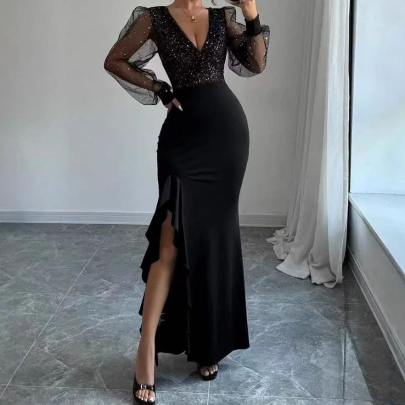 2026 春夏ニットドレス エレガント セクシー Vネック スリム スパンコール スプライシング 伸縮性ドレス ファッション スリット ロングドレス